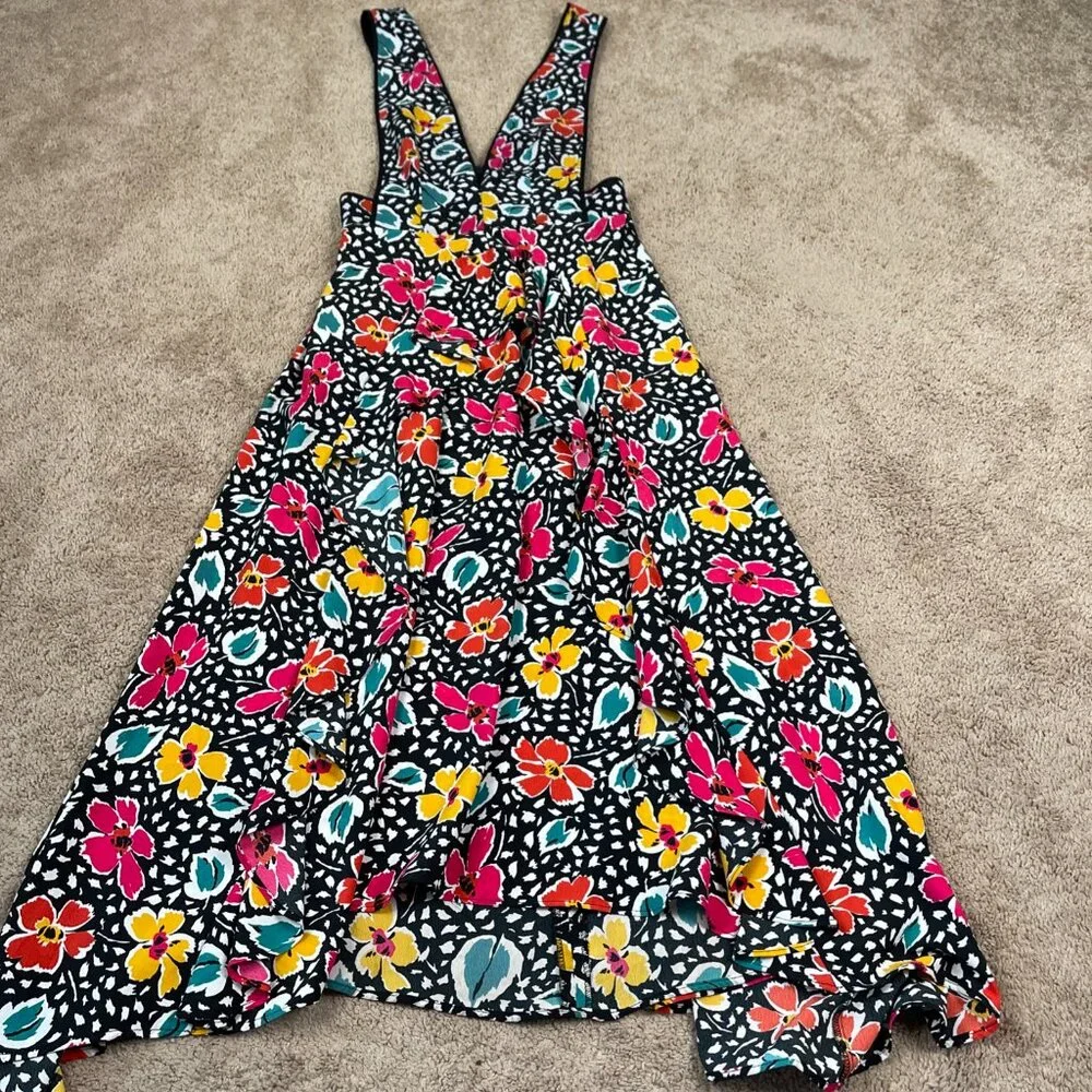 Topshop Dress Womens 6 Black Floral Pinafore Plunging Bloggers Influencer Midi - Picture 2 of 11